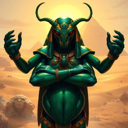 A Thri-kreen character from Dungeons & Dragons, inspired by ancient Egyptian culture, depicted with traits reminiscent of a beetle