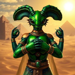 A Thri-kreen character from Dungeons & Dragons, inspired by ancient Egyptian culture, depicted with traits reminiscent of a beetle