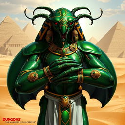 A Thri-kreen character from Dungeons & Dragons, inspired by ancient Egyptian culture, depicted with traits reminiscent of a beetle