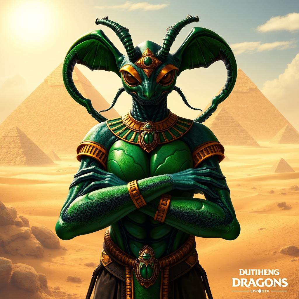 A Thri-kreen character from Dungeons & Dragons, inspired by ancient Egyptian culture, depicted with traits reminiscent of a beetle