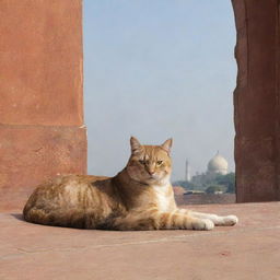 An unexpected sight of a giant cat lounging in relaxation on the majestic dome of the Taj Mahal