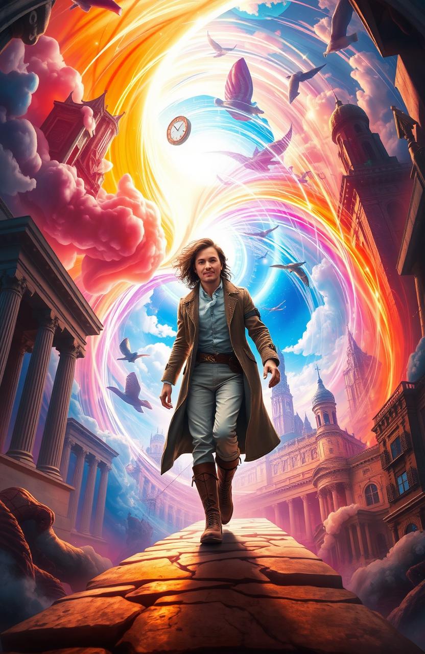 A dramatic and imaginative depiction of time travel, showcasing a swirling vortex of colorful light and energy, with elements from different eras like ancient Rome, Victorian England, and a futuristic city