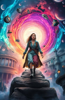 A dramatic and imaginative depiction of time travel, showcasing a swirling vortex of colorful light and energy, with elements from different eras like ancient Rome, Victorian England, and a futuristic city