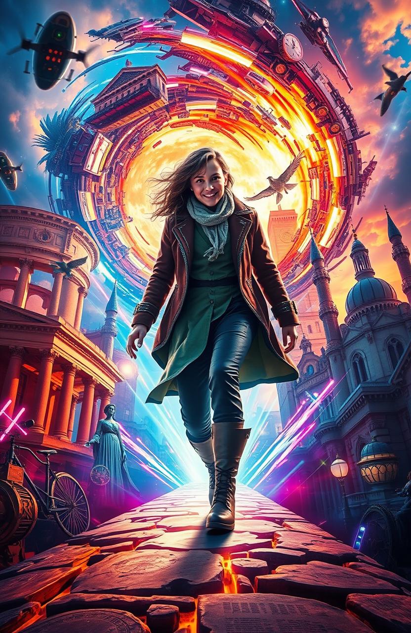 A dramatic and imaginative depiction of time travel, showcasing a swirling vortex of colorful light and energy, with elements from different eras like ancient Rome, Victorian England, and a futuristic city