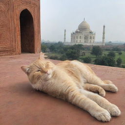 An unexpected sight of a giant cat lounging in relaxation on the majestic dome of the Taj Mahal