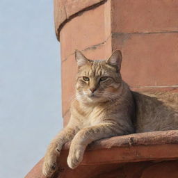 An unexpected sight of a giant cat lounging in relaxation on the majestic dome of the Taj Mahal