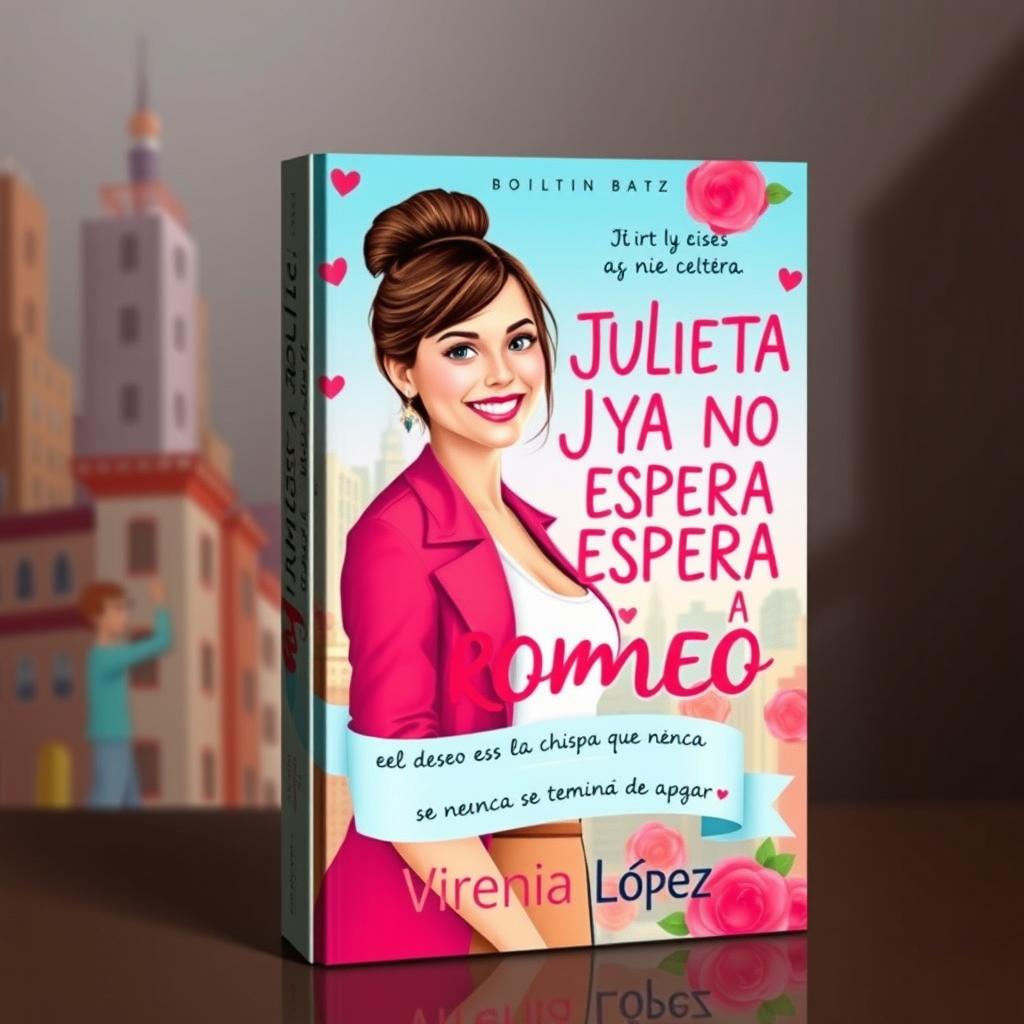 A vibrant and youthful book cover for a romantic novel titled 'JULIETA YA NO ESPERA A ROMEO', inspired by the colorful and whimsical style of Paige Toon’s books