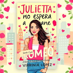 A vibrant and youthful book cover for a romantic novel titled 'JULIETA YA NO ESPERA A ROMEO', inspired by the colorful and whimsical style of Paige Toon’s books