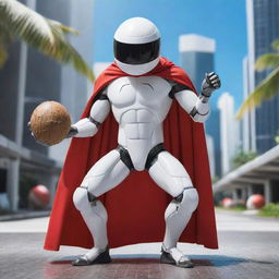 A super heroic coconut AI, with energizing circuit patterns, wearing a cape, striking a pose and sipping on his own coconut juice through a straw, set against a dynamic, futuristic cybernetic backdrop.