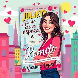 A vibrant and youthful book cover for a romantic novel titled 'JULIETA YA NO ESPERA A ROMEO', inspired by the colorful and whimsical style of Paige Toon’s books