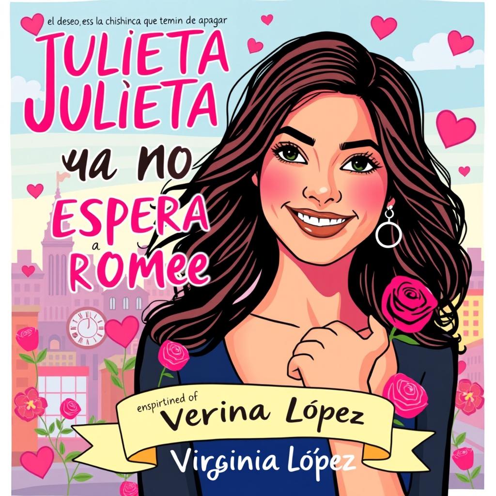 A vibrant and youthful book cover for a romantic novel titled 'JULIETA YA NO ESPERA A ROMEO', inspired by the colorful and whimsical style of Paige Toon’s books