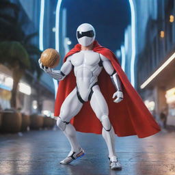 A super heroic coconut AI, with energizing circuit patterns, wearing a cape, striking a pose and sipping on his own coconut juice through a straw, set against a dynamic, futuristic cybernetic backdrop.