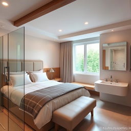 A cozy bedroom with an en-suite bathroom