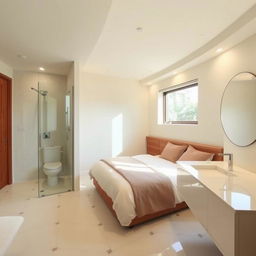 A cozy bedroom with an en-suite bathroom