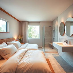 A cozy bedroom with an en-suite bathroom