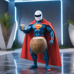 A super heroic coconut AI, with energizing circuit patterns, wearing a cape, striking a pose and sipping on his own coconut juice through a straw, set against a dynamic, futuristic cybernetic backdrop.