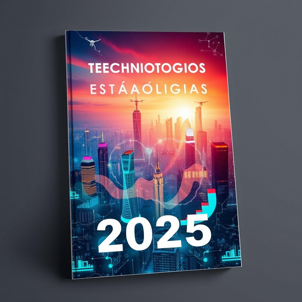 Uma capa de eBook visualmente marcante com o tema "Tecnologia e Estatísticas em 2025"