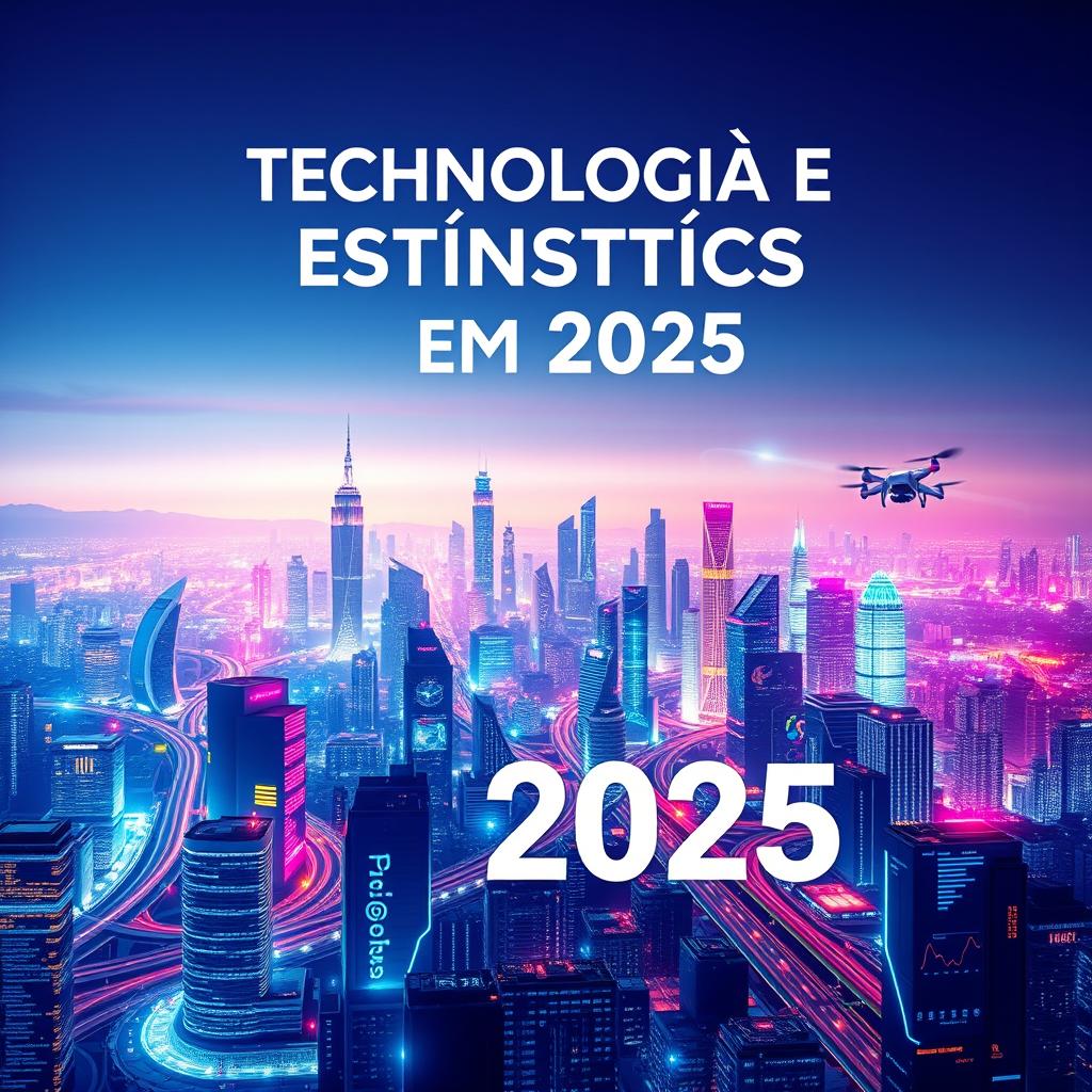 Uma capa de eBook visualmente marcante com o tema "Tecnologia e Estatísticas em 2025"