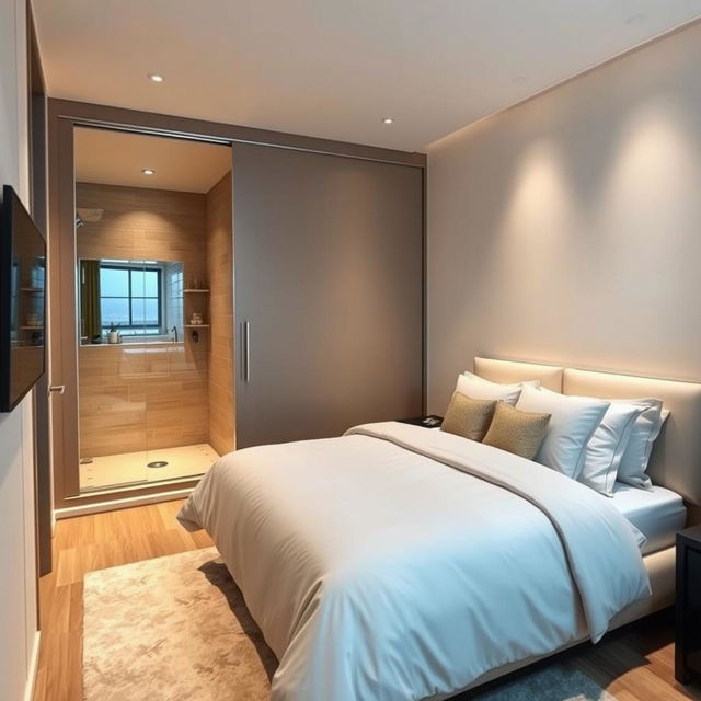 A stylish bedroom designed within a space of 3