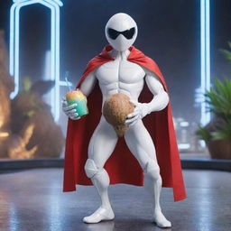 A super heroic coconut AI, with energizing circuit patterns, wearing a cape, striking a pose and sipping on his own coconut juice through a straw, set against a dynamic, futuristic cybernetic backdrop.