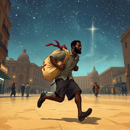 A street vendor, a Black man, running through the streets of Spain with a bag of loot slung over his shoulder