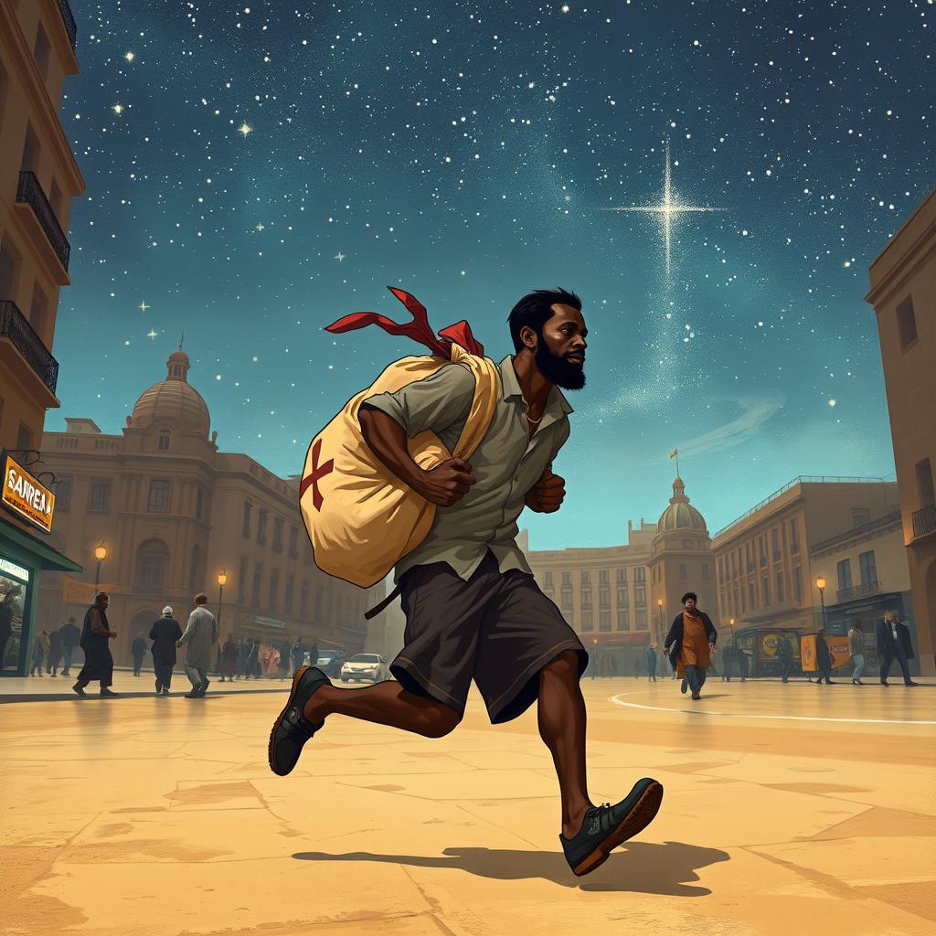 A street vendor, a Black man, running through the streets of Spain with a bag of loot slung over his shoulder