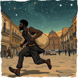 A street vendor, a Black man, running through the streets of Spain with a bag of loot slung over his shoulder