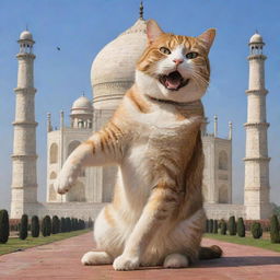 An amusing spectacle of a giant cat, cartoonishly attempting to 'eat' the Taj Mahal, creating a blend of reality and fantasy