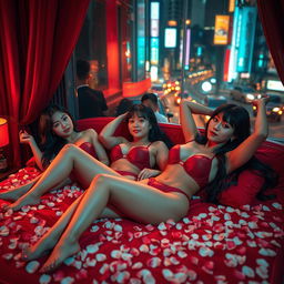 Sexy Japanese women enjoying their freedom of movement, reclining on a luxurious red bed adorned with petals