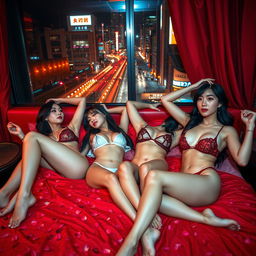 Sexy Japanese women enjoying their freedom of movement, reclining on a luxurious red bed adorned with petals