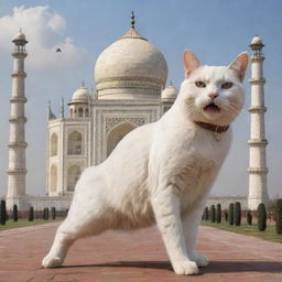 An amusing spectacle of a giant cat, cartoonishly attempting to 'eat' the Taj Mahal, creating a blend of reality and fantasy