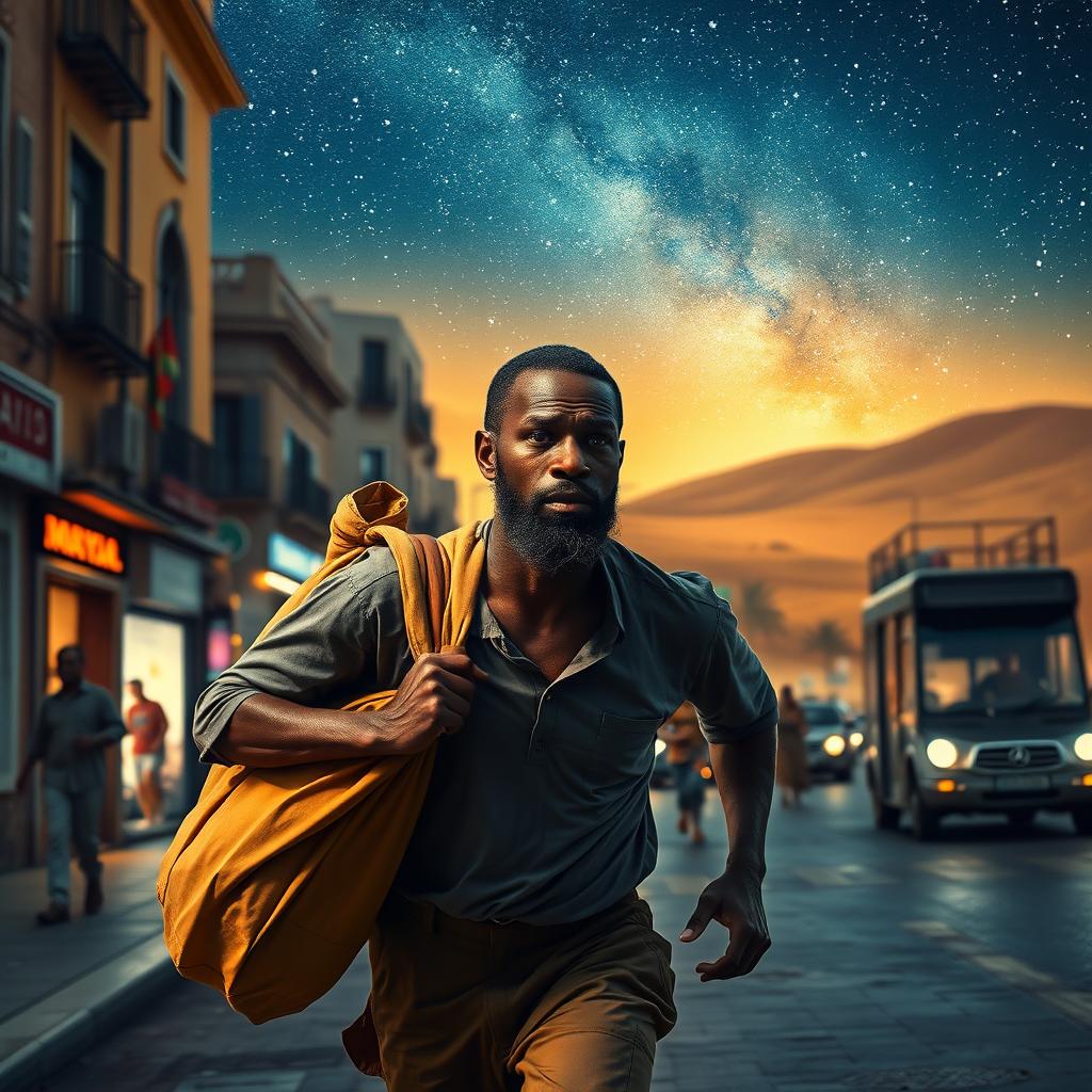 A street vendor, a Black man, running through the vibrant streets of Spain with a bag of loot slung over his shoulder