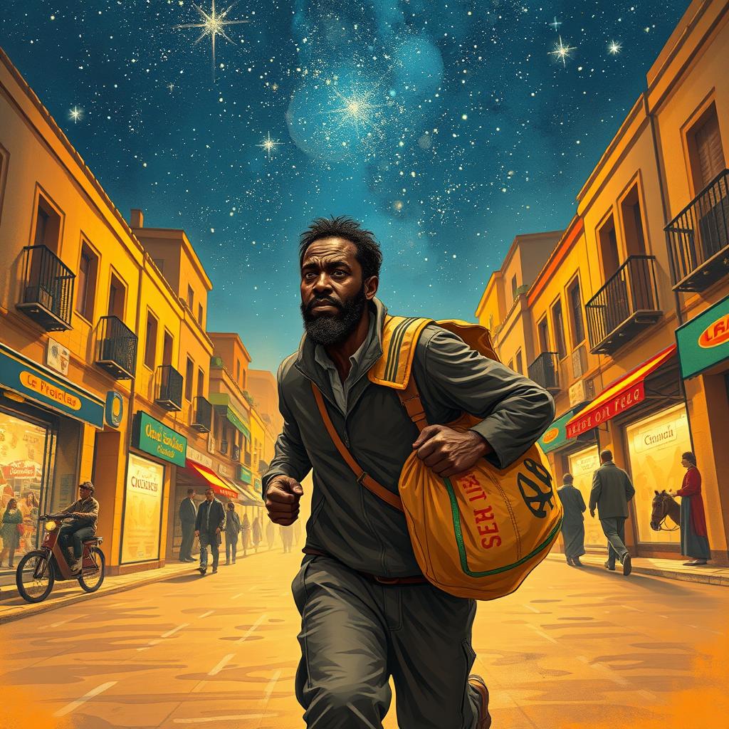 A street vendor, a Black man, running through the vibrant streets of Spain with a bag of loot slung over his shoulder