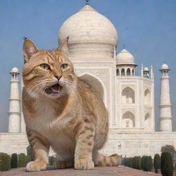 An amusing spectacle of a giant cat, cartoonishly attempting to 'eat' the Taj Mahal, creating a blend of reality and fantasy