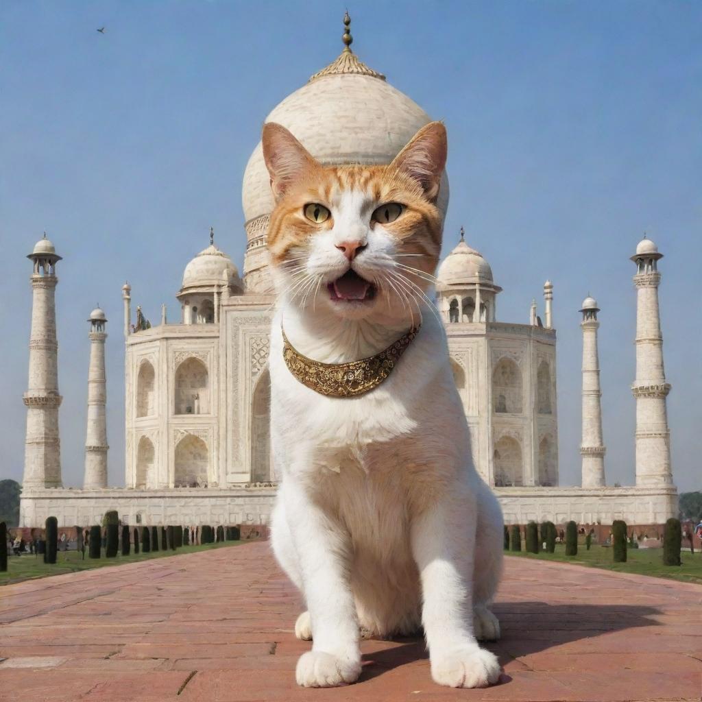 An amusing spectacle of a giant cat, cartoonishly attempting to 'eat' the Taj Mahal, creating a blend of reality and fantasy