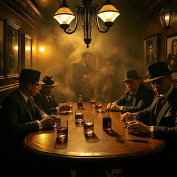 A stylish 1920s mafia scene in a dimly lit, smoke-filled speakeasy