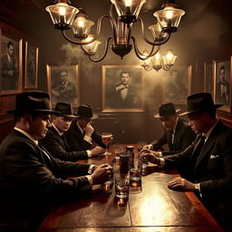 A stylish 1920s mafia scene in a dimly lit, smoke-filled speakeasy