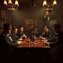 A stylish 1920s mafia scene in a dimly lit, smoke-filled speakeasy