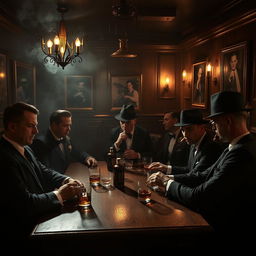 A stylish 1920s mafia scene in a dimly lit, smoke-filled speakeasy