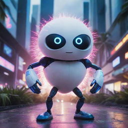 A super heroic coconut AI, with vibrant digital eyes and electrifying circuitry patterns streaming across its shell, striking a triumphant pose set against a backdrop of a highly-charged, futuristic cyber landscape.