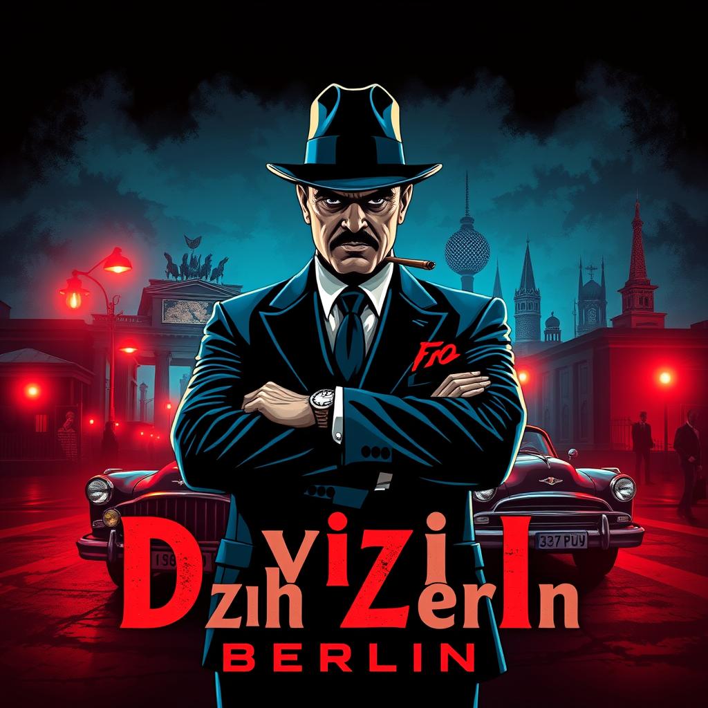 A striking mafia-themed poster for an event in Berlin, designed in the bold and dynamic style of Max Korz