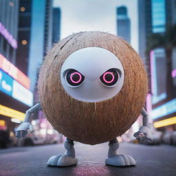 A super heroic coconut AI, with vibrant digital eyes and electrifying circuitry patterns streaming across its shell, striking a triumphant pose set against a backdrop of a highly-charged, futuristic cyber landscape.