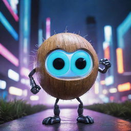 A super heroic coconut AI, with vibrant digital eyes and electrifying circuitry patterns streaming across its shell, striking a triumphant pose set against a backdrop of a highly-charged, futuristic cyber landscape.