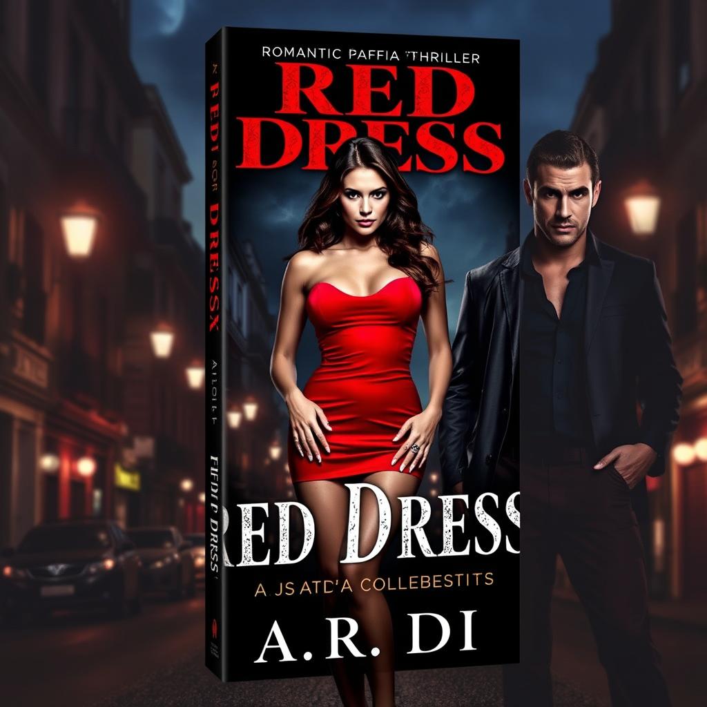 An eye-catching narrow-format book cover for a romantic mafia thriller titled 'Red Dress' by A