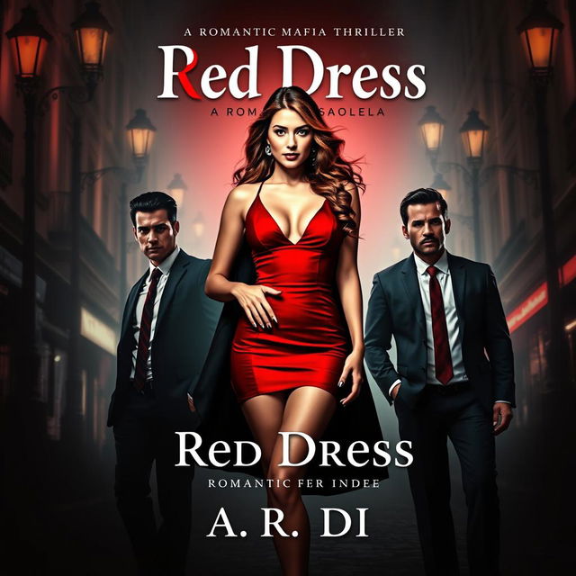 A captivating narrow-format book cover for a romantic mafia thriller titled 'Red Dress' by A