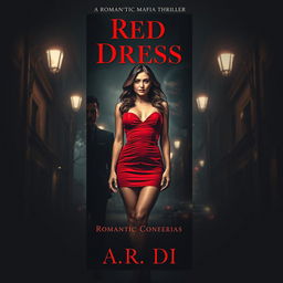 A captivating narrow-format book cover for a romantic mafia thriller titled 'Red Dress' by A