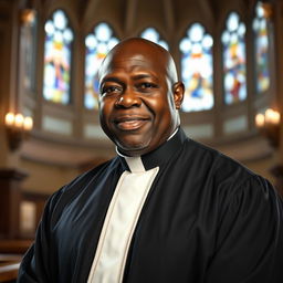 A powerful and dignified black priest in his 50s, dressed in a traditional clerical outfit with a white collar