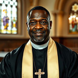 A powerful and dignified black priest in his 50s, dressed in a traditional clerical outfit with a white collar