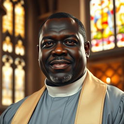 A powerful and dignified black priest in his 50s, dressed in a traditional clerical outfit with a white collar