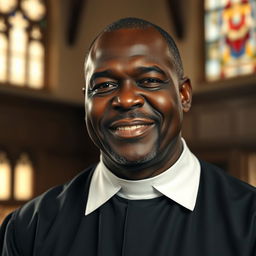 A powerful and dignified black priest in his 50s, dressed in a traditional clerical outfit with a white collar